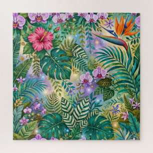 Jungle Fantasy Flowers Purple Green Gold Dreamy Jigsaw Puzzle
