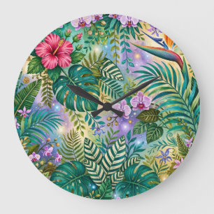 Jungle Fantasy Flowers Purple Green Gold Dreamy Large Clock