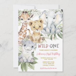  Jungle First Girl Birthday Party Invitation