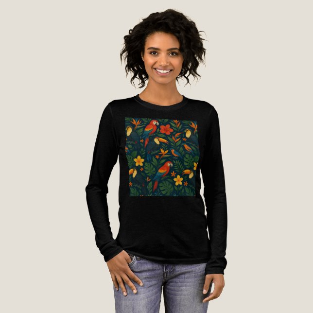 Jungle foliage and colourful tropical birds Tri-Blend shirt (Full Front)
