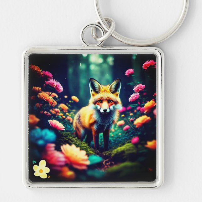 "Jungle Fox and Floral Bliss" Key Ring (Front)