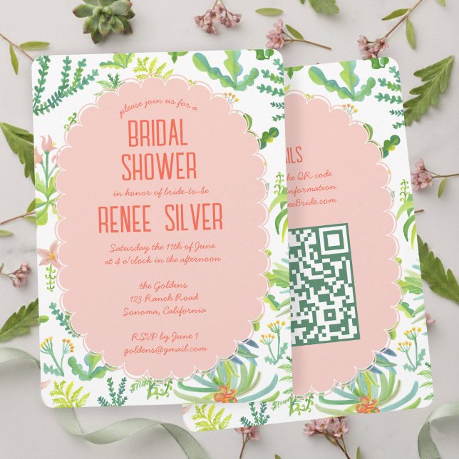 Jungle Garden Watercolor Custom QR  BRIDAL SHOWER Invitation (Jungle Garden Watercolor Hand-painted Pink Green Custom QR BRIDAL SHOWER Invitation
)