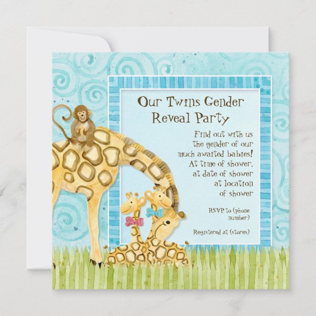 Jungle Giraffe Baby Boy Girl Twins Gender Reveal Invitation (Front)