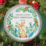 Jungle Giraffe Baby's First Christmas Ornament<br><div class="desc">Cute baby's first Christmas ornament the sweetest little giraffe framed with watercolor jungle leaves.</div>