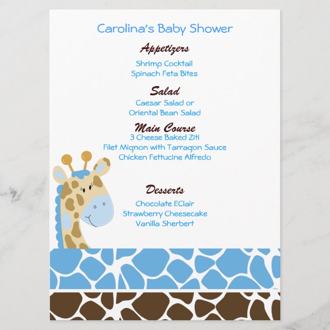 Jungle Giraffe Blue Custom Baby Shower Menu (Front)