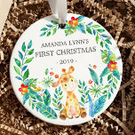 Jungle Giraffe Photo Baby's 1st Christmas Ornament<br><div class="desc">Cute baby's first Christmas ornament the sweetest little giraffe framed with watercolor jungle leaves.  Flip the ornament over and add your photo!</div>