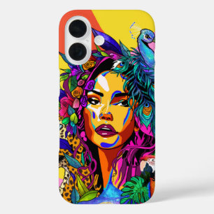Jungle Goddess Pop Art Peacock Portrait iPhone 16 Case