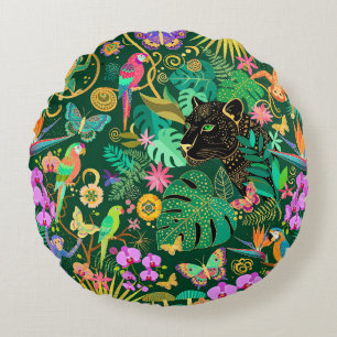 Jungle Golden Fantasy Surreal Exotic Round Cushion