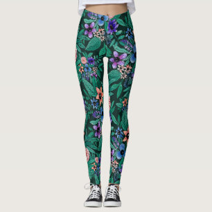 Jungle Green Coral Watercolor Greenery Pattern Leggings