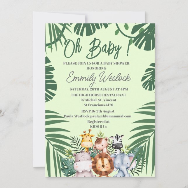 Jungle Green Foilage Wild cute Animals Invitation (Front)