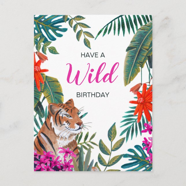 Jungle green & pink wild tropical birthday tiger postcard (Front)