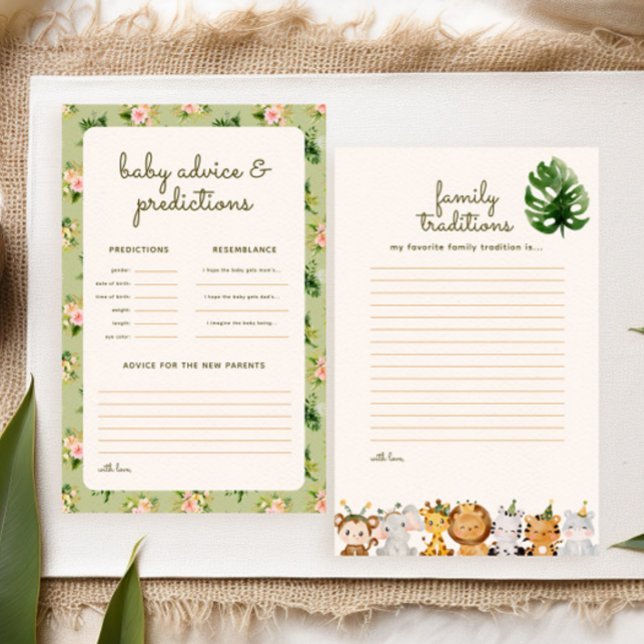 Jungle Green Tropical Baby Shower Predictions Game (fun baby shower games: family traditions + advice & predictions. Tropical leaves and safari animals)