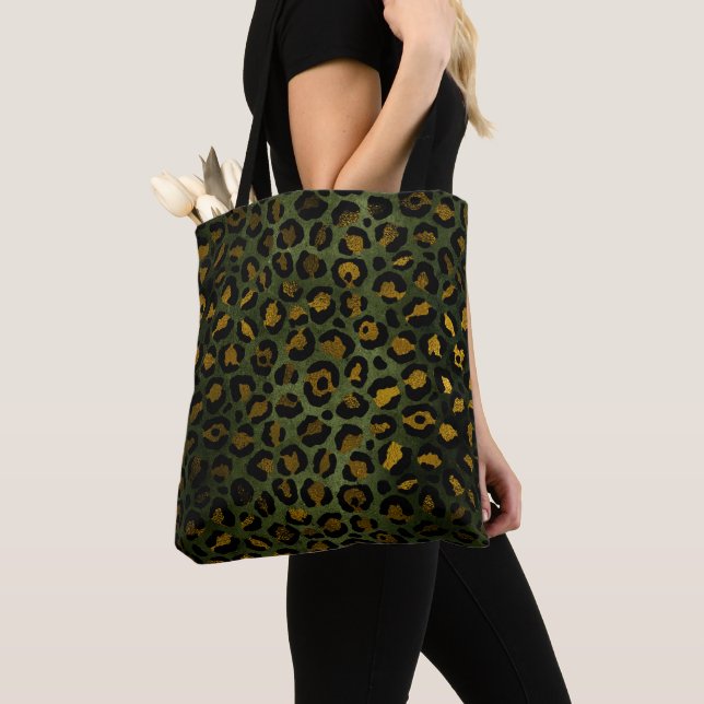 Jungle Green Yellow Cheetah Leopard Pattern Tote Bag (Close Up)