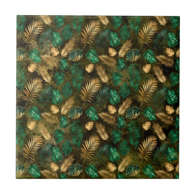 Jungle Green Yellow Tropical Palm Leaves Tile (Front)