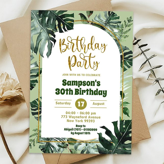 Jungle Greenery Monstera Tropical Birthday Party Invitation (Creator Uploaded)