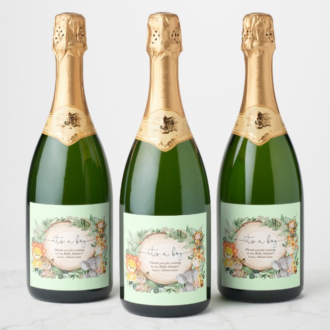 Jungle Greenery Safari Animals Baby Shower Favours Sparkling Wine Label (Bottles)