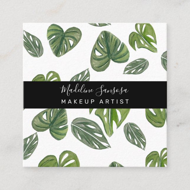 Jungle Greenery Watercolor Monstera Salon Makeup  Square Business Card (Front)