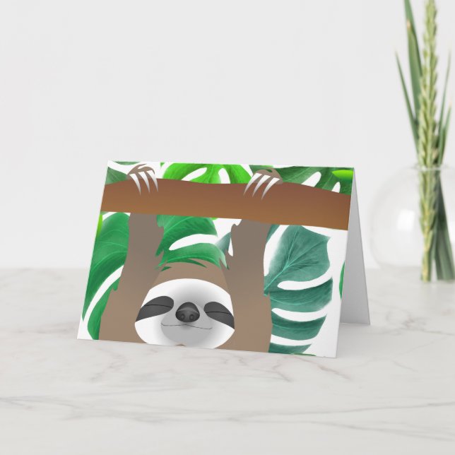 Jungle Hanging  Sleeping Brown Sloth Holiday Card (Front)