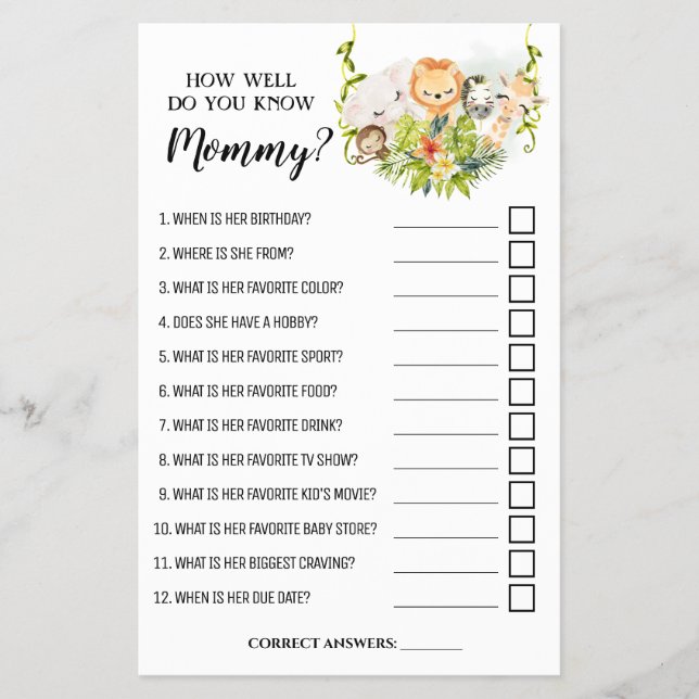 Jungle How well do you know Mum Shower game card (Front)
