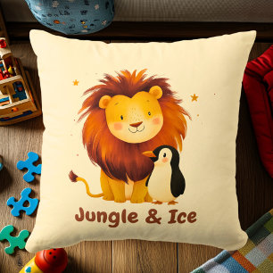 Jungle & Ice Lion & Penguin Fun Animal Friends Cushion