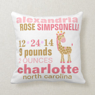Jungle Jill Pink Giraffe Birth Announcement Cushion