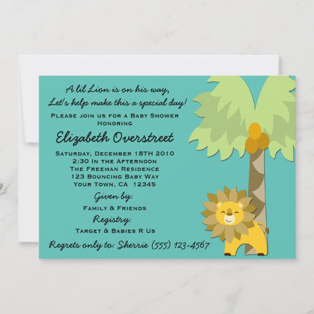 Jungle King Lion Teal Boy Baby Shower Zoo Safari Invitation (Front)