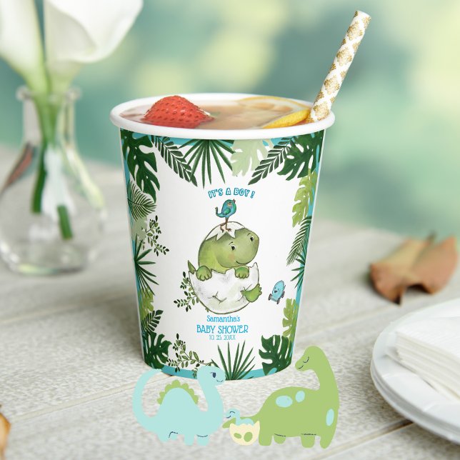 Jungle Leaves and Hatching Dino Boy Baby Shower  Paper Cups ( Jungle Leaves and Hatching Dino Boy Baby Shower Paper Cups )