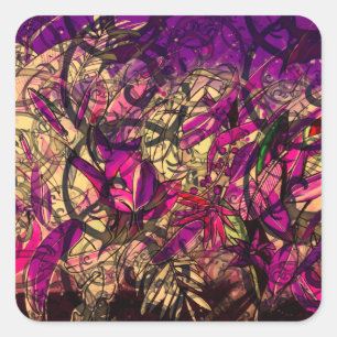 Jungle Leaves Art Swirl Black Purple Square Sticker