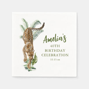 Jungle Leopard Watercolor 40th Birthday Party Name Napkin
