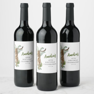 Jungle Leopard Watercolor 40th Birthday Party Name Wine Label