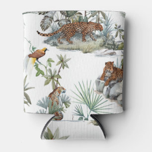 Jungle Leopard Watercolor Tropical Scene Can Cooler