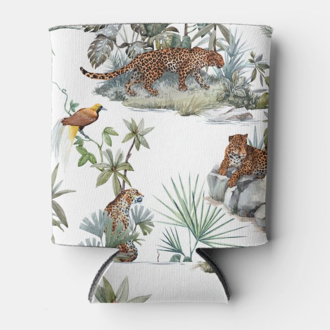 Jungle Leopard Watercolor Tropical Scene Can Cooler (Front)
