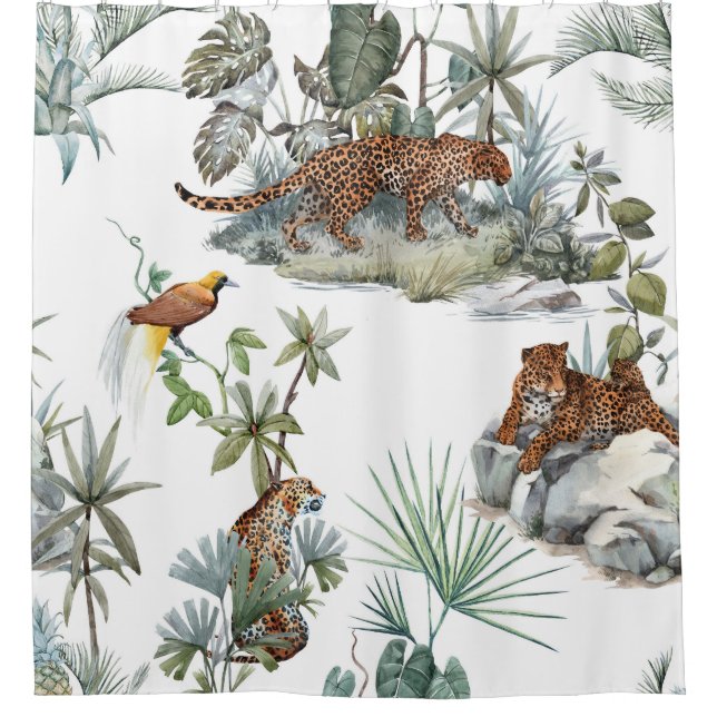 Jungle Leopard Watercolor Tropical Scene Shower Curtain (Front)