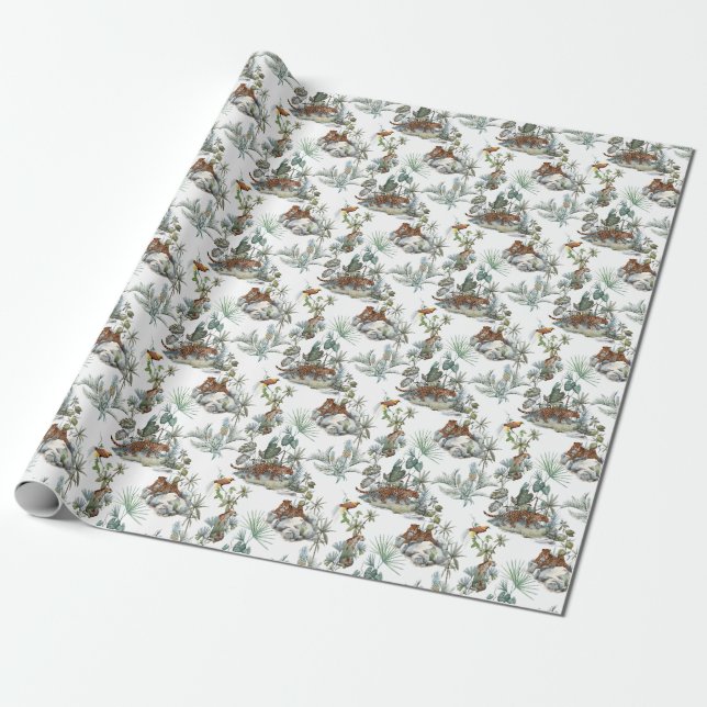 Jungle Leopard Watercolor Tropical Scene Wrapping Paper (Unrolled)