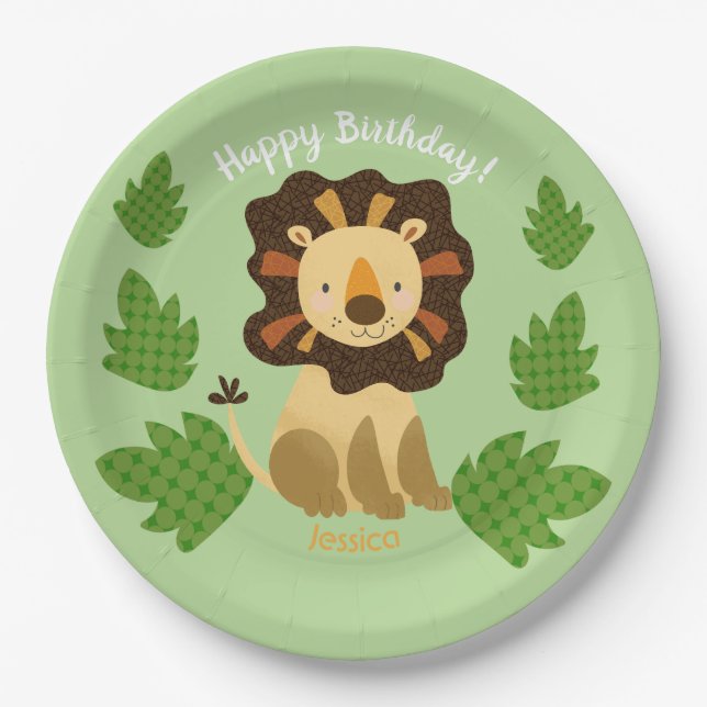 Jungle Lion Custom Name Birthday Party Paper Plate (Front)