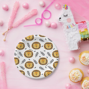 Jungle Lion Pattern with Kids Name Birthday Paper Plate