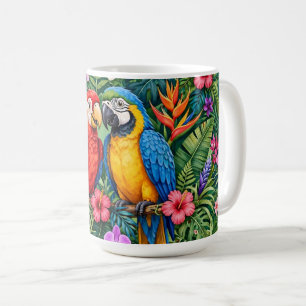 Jungle Macaws Cheerful Parrots Vibrant Flowers Coffee Mug