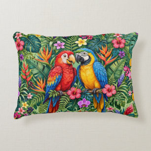 Jungle Macaws Cheerful Parrots Vibrant Flowers  Decorative Cushion