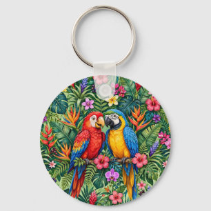 Jungle Macaws Cheerful Parrots Vibrant Flowers Key Ring