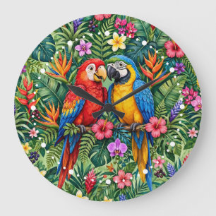 Jungle Macaws Cheerful Parrots Vibrant Flowers Large Clock