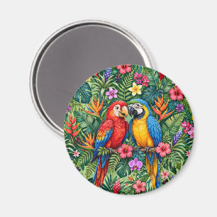 Jungle Macaws Cheerful Parrots Vibrant Flowers Magnet