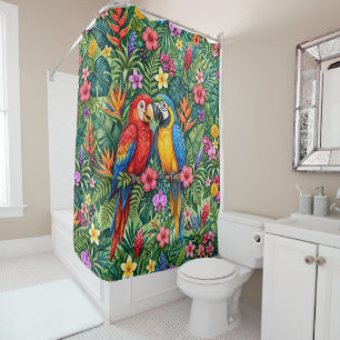 Jungle Macaws Cheerful Parrots Vibrant Flowers Shower Curtain