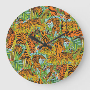 Jungle Majesty: Tigers Amidst Greenery Large Clock