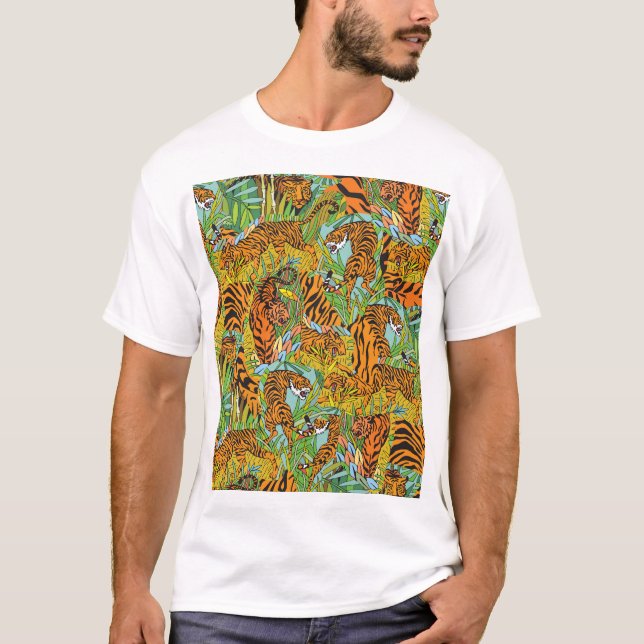 Jungle Majesty: Tigers Amidst Greenery T-Shirt (Front)