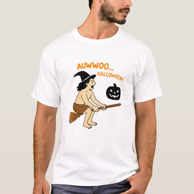 Jungle Man Halloween Ride – Funny Caveman on Broom T-Shirt (Front)