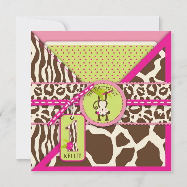 Jungle Monkey First Birthday Invitation Pink (Front)