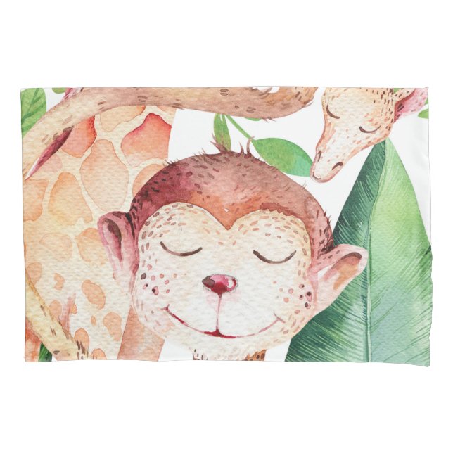 Jungle Monkey & Giraffe Nursery Bedroom Kids Pillowcase (Front)