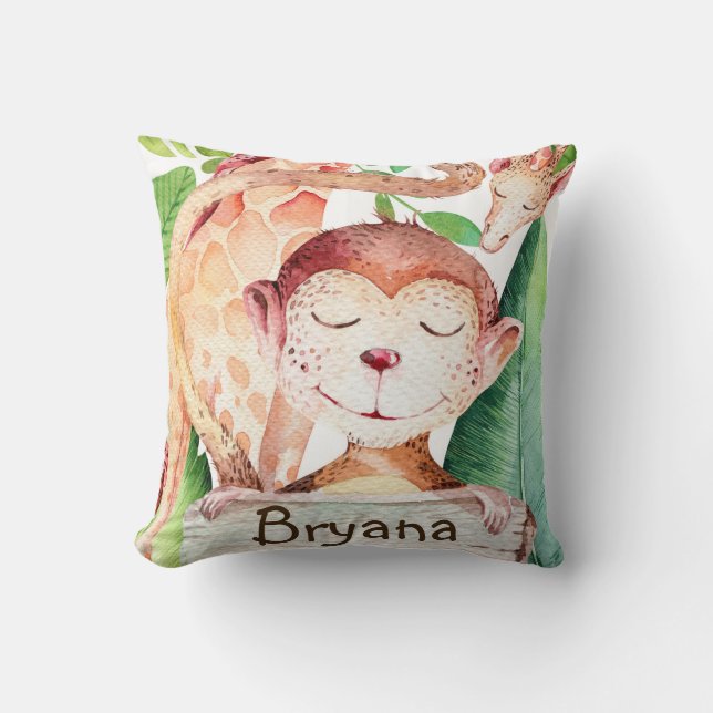 Jungle Monkey & Giraffe Safari Bedroom Nursery Cushion (Front)