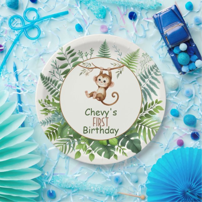 Jungle Monkey Hanging On Branch First Birthday  Paper Plate (Party)