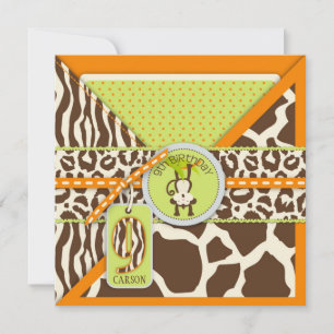 Jungle Monkey Nineth Birthday Invitation Orange